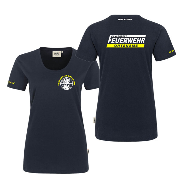 T-Shirt Frauen | HAKRO 127 | Feuerwehrsignet mit Ortsname im Balken + Wunschtext