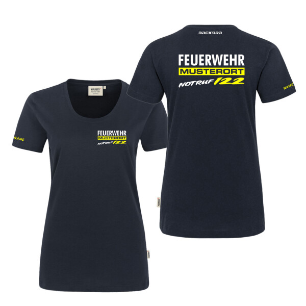 T-Shirt Frauen | HAKRO 127 | Feuerwehr mit Ortsname im Balken und Notruf Österreich 122