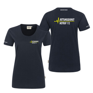 T-Shirt Frauen | HAKRO 127 | Rettungsdienst EKG-Linie Pointer Wunschtext mit Notrufnummer | BACKDRA