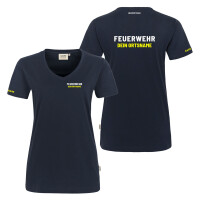 T-Shirt V-Neck Frauen Mikralinar | HAKRO 181 | Feuerwehr mit Ortsname | EIN Team | BACKDRA