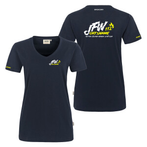 T-Shirt V-Neck Frauen Mikralinar | HAKRO 181 | Jugendfeuerwehr JFW 112 Flamme mit Ortsname | BACKDRA