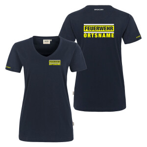 T-Shirt V-Neck Frauen Mikralinar | HAKRO 181 | Feuerwehr mit Ortsname im Einsatzlook | BACKDRA
