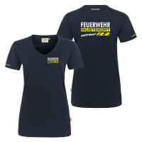 T-Shirt V-Neck Frauen Mikralinar | HAKRO 181 | Feuerwehr mit Ortsname im Balken und Notruf Österreich 122 | BACKDRA
